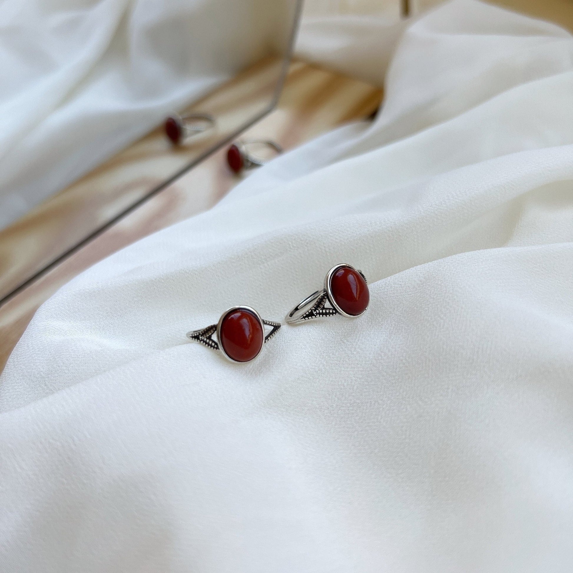 Boho Style Natural Red Stone Ring With S925 Silver Band, Oval Round South Red Gemstone Ring, Large Red Silver Ring, Sterling Silver Ring