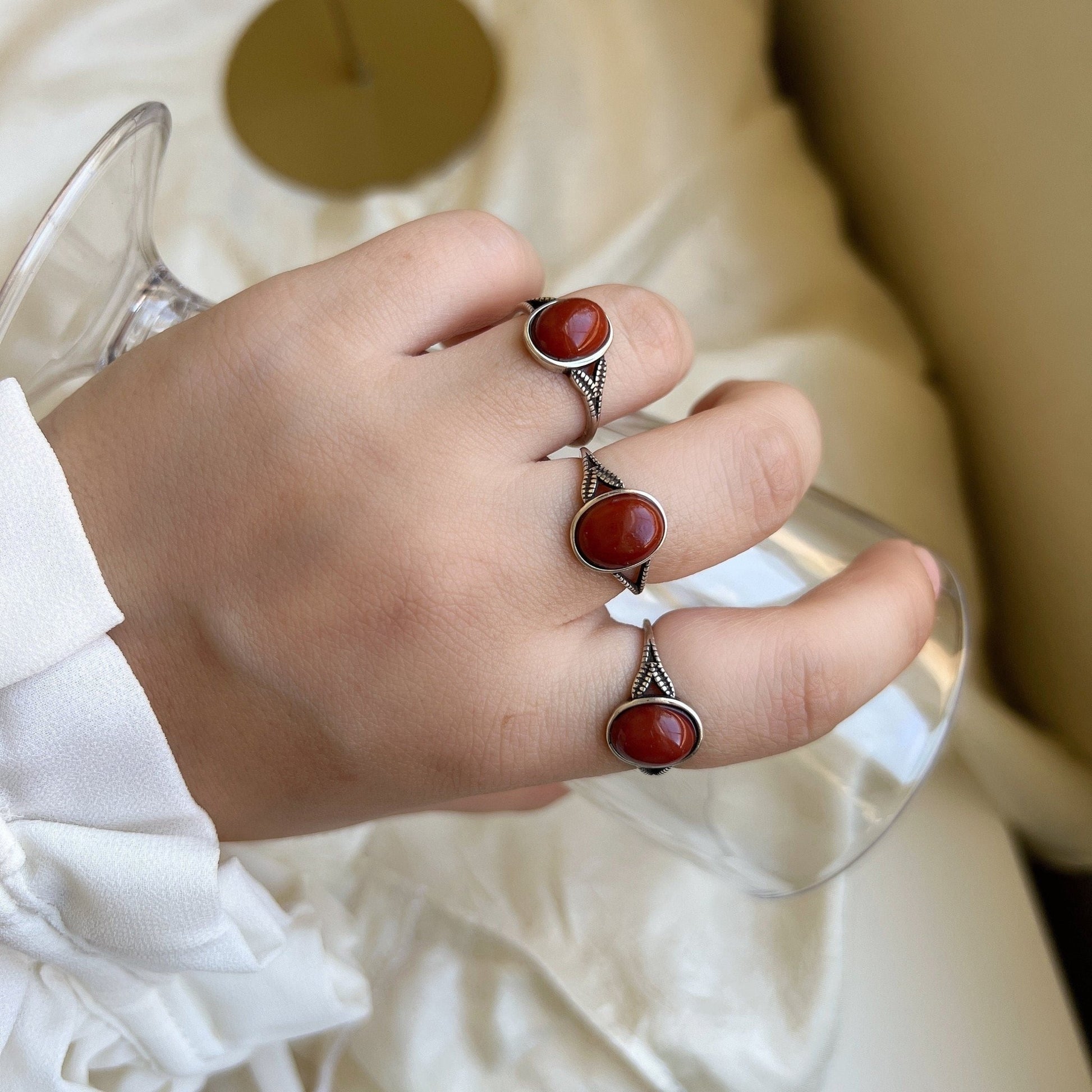 Boho Style Natural Red Stone Ring With S925 Silver Band, Oval Round South Red Gemstone Ring, Large Red Silver Ring, Sterling Silver Ring