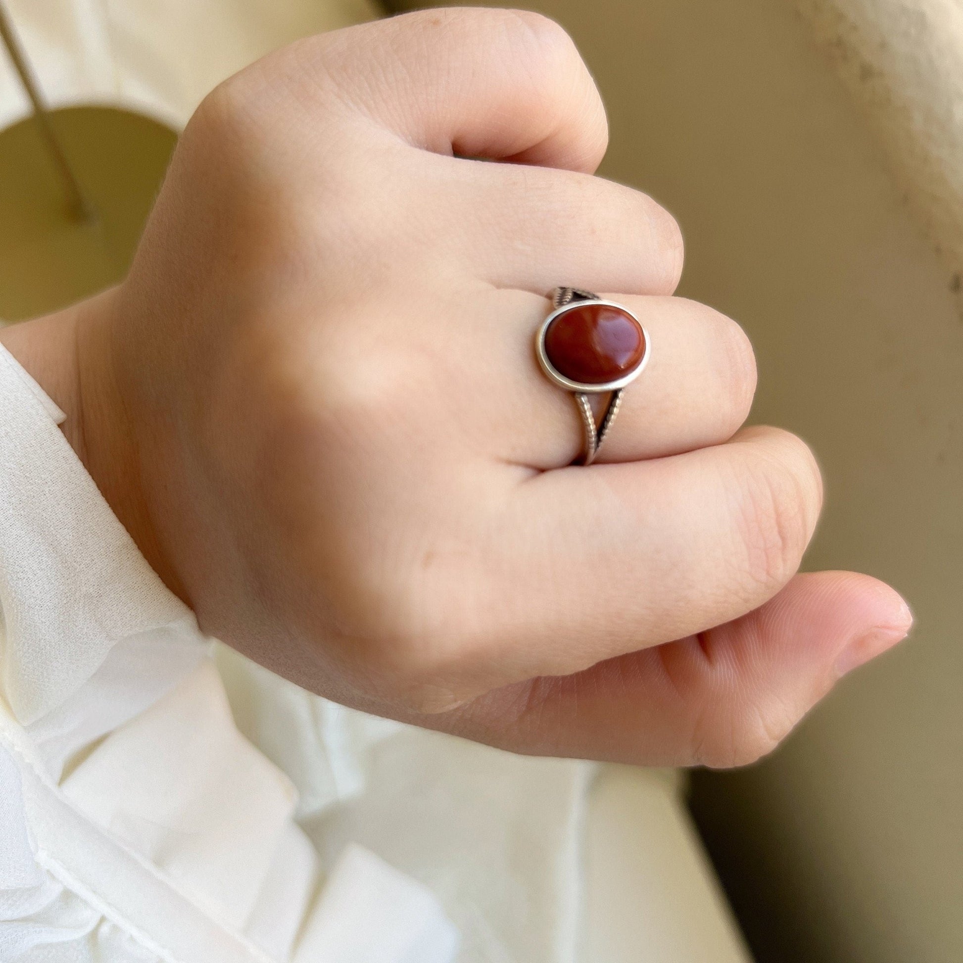 Boho Style Natural Red Stone Ring With S925 Silver Band, Oval Round South Red Gemstone Ring, Large Red Silver Ring, Sterling Silver Ring