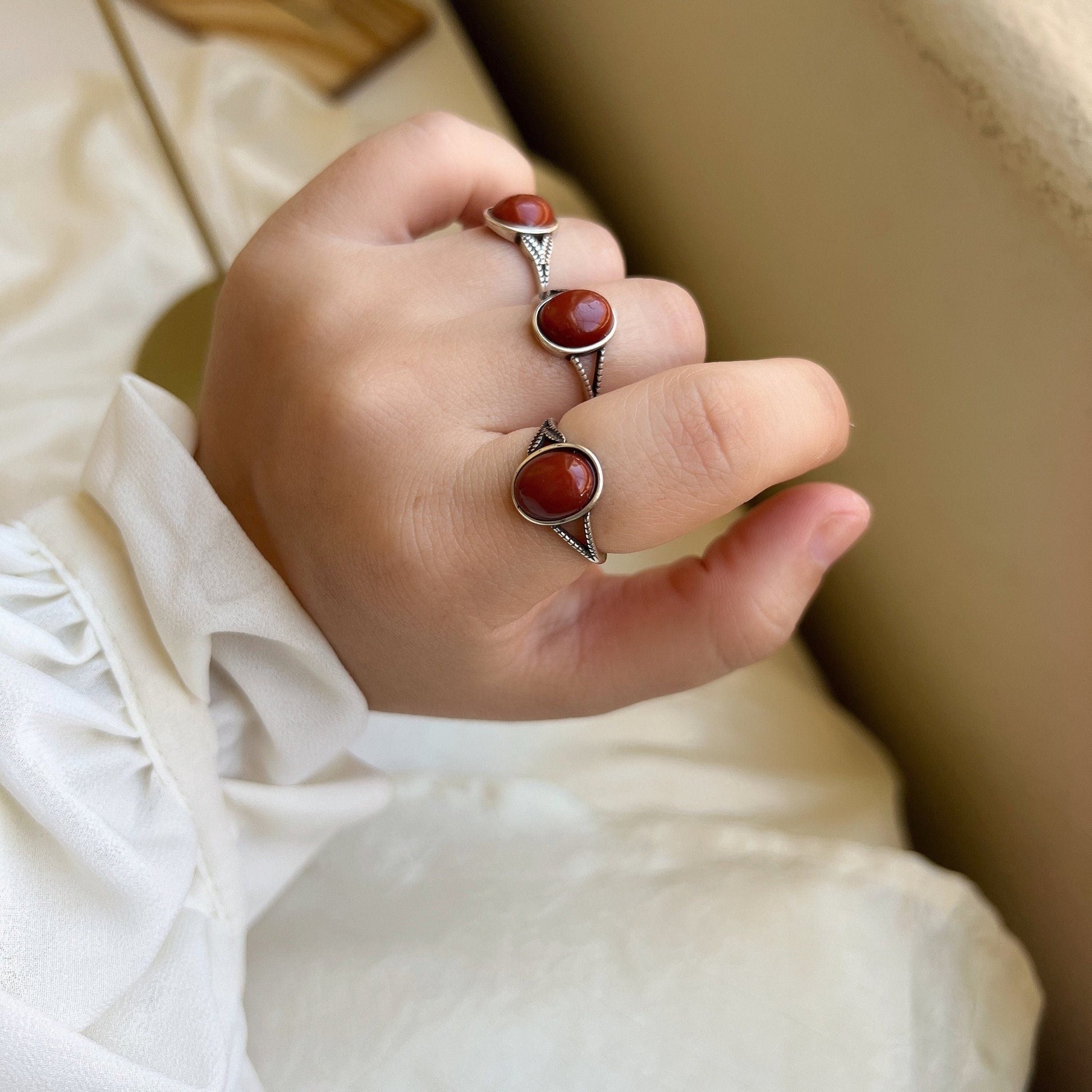 Boho Style Natural Red Stone Ring With S925 Silver Band, Oval Round South Red Gemstone Ring, Large Red Silver Ring, Sterling Silver Ring