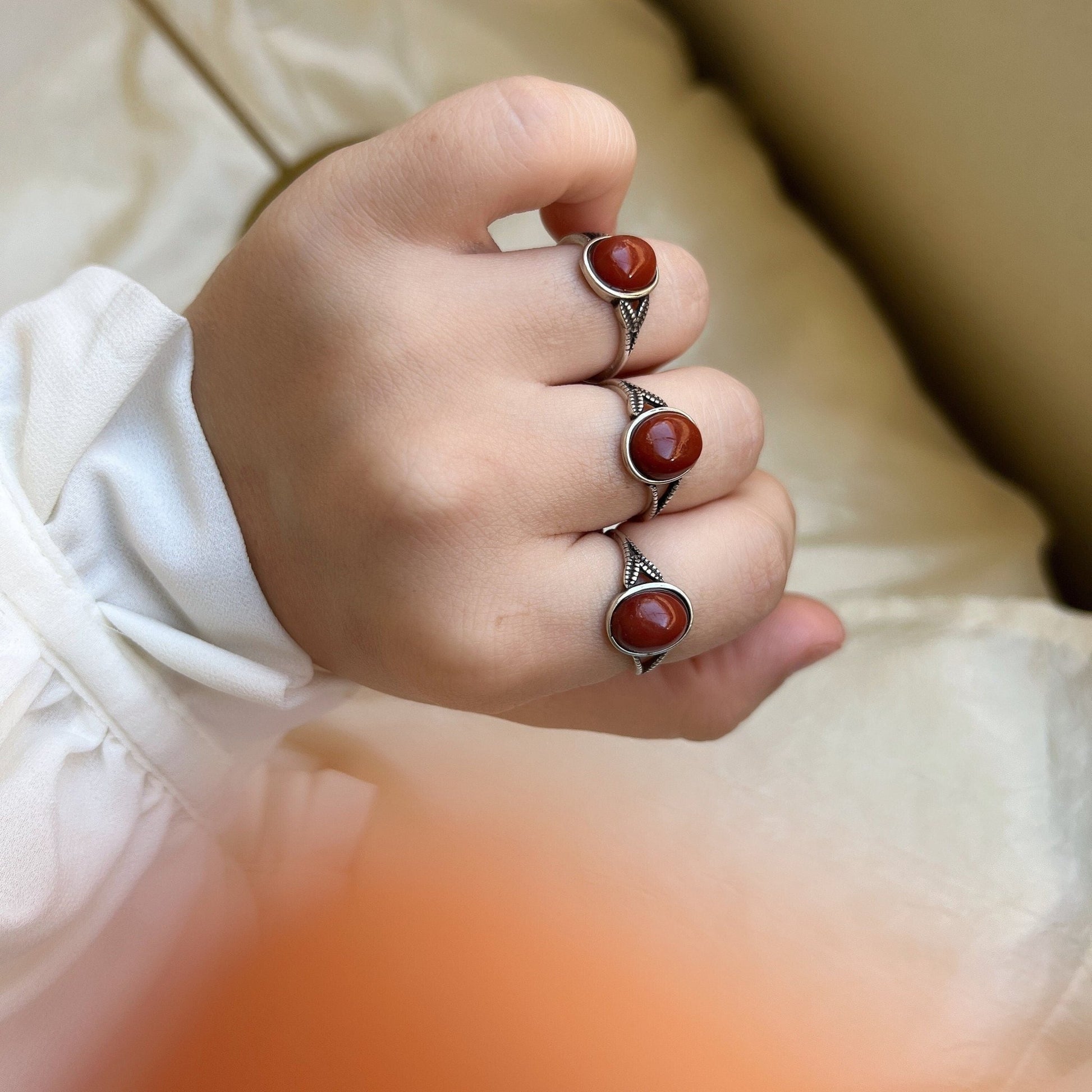 Boho Style Natural Red Stone Ring With S925 Silver Band, Oval Round South Red Gemstone Ring, Large Red Silver Ring, Sterling Silver Ring