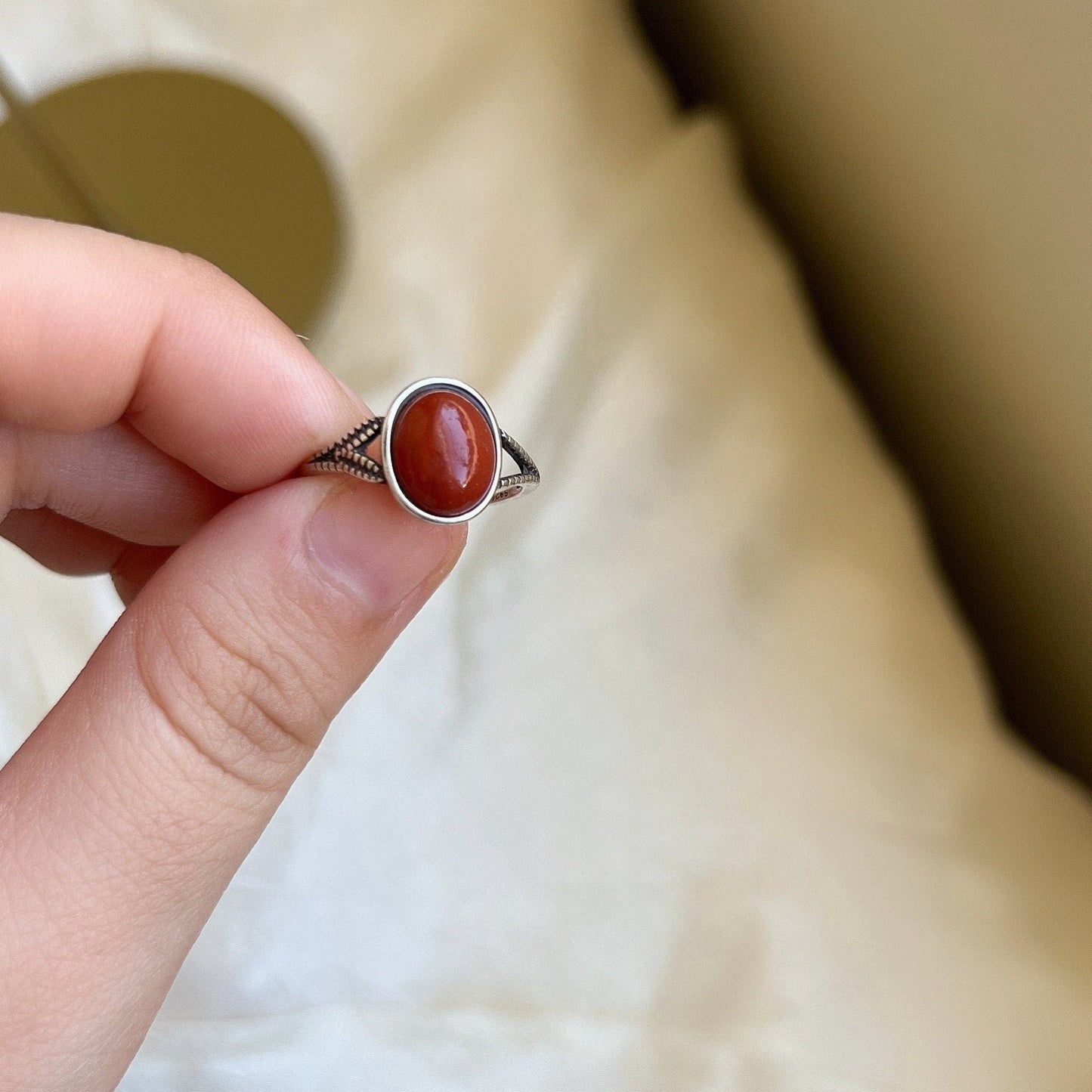 Boho Style Natural Red Stone Ring With S925 Silver Band, Oval Round South Red Gemstone Ring, Large Red Silver Ring, Sterling Silver Ring