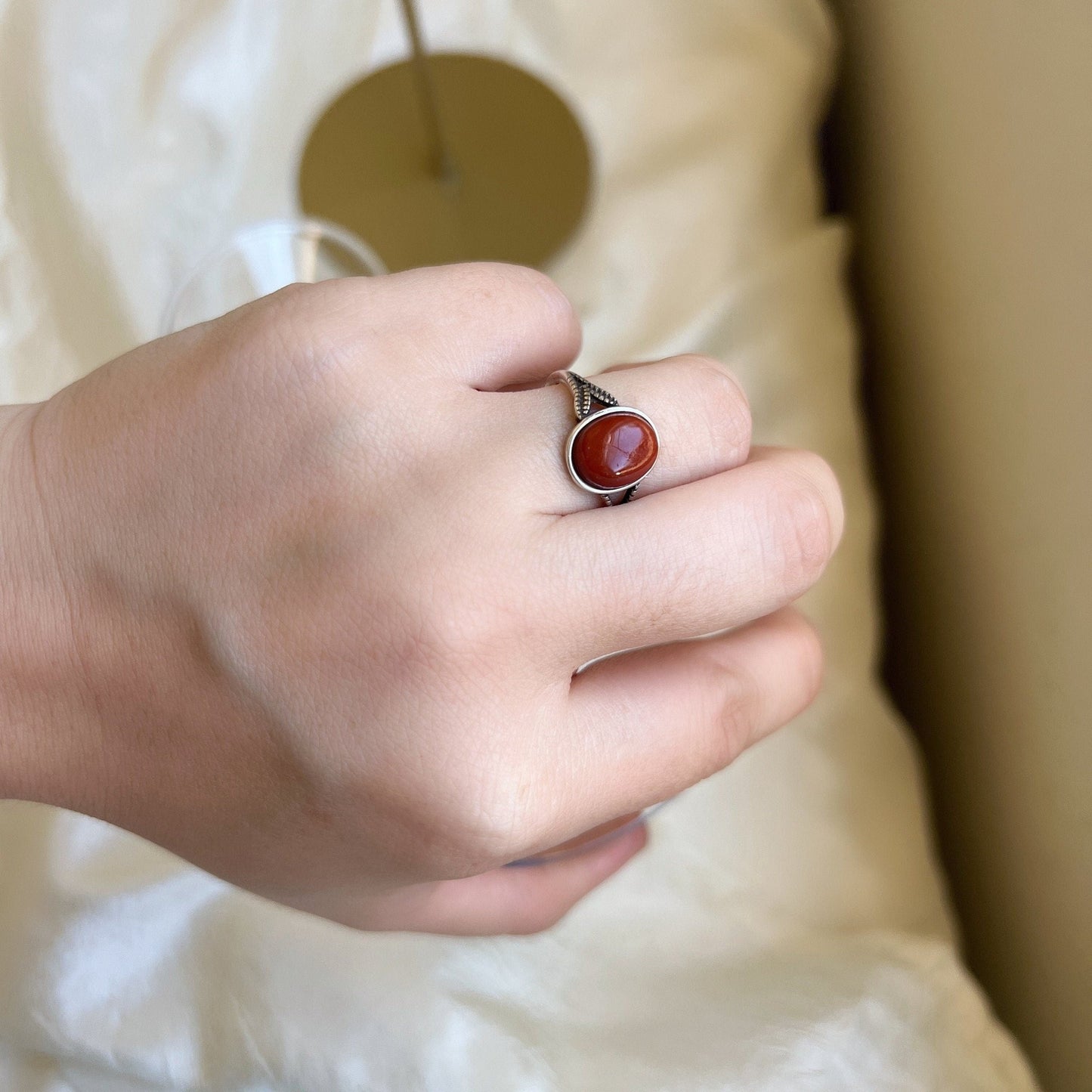 Boho Style Natural Red Stone Ring With S925 Silver Band, Oval Round South Red Gemstone Ring, Large Red Silver Ring, Sterling Silver Ring