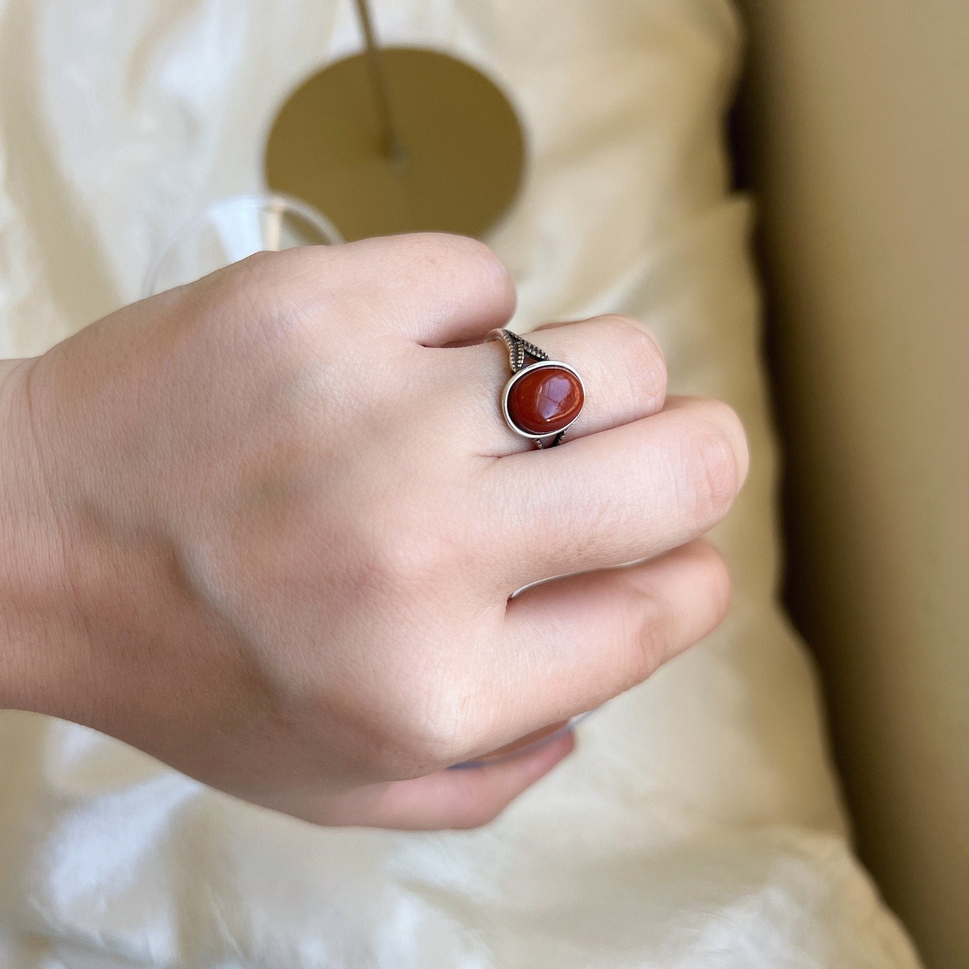 Boho Style Natural Red Stone Ring With S925 Silver Band, Oval Round South Red Gemstone Ring, Large Red Silver Ring, Sterling Silver Ring