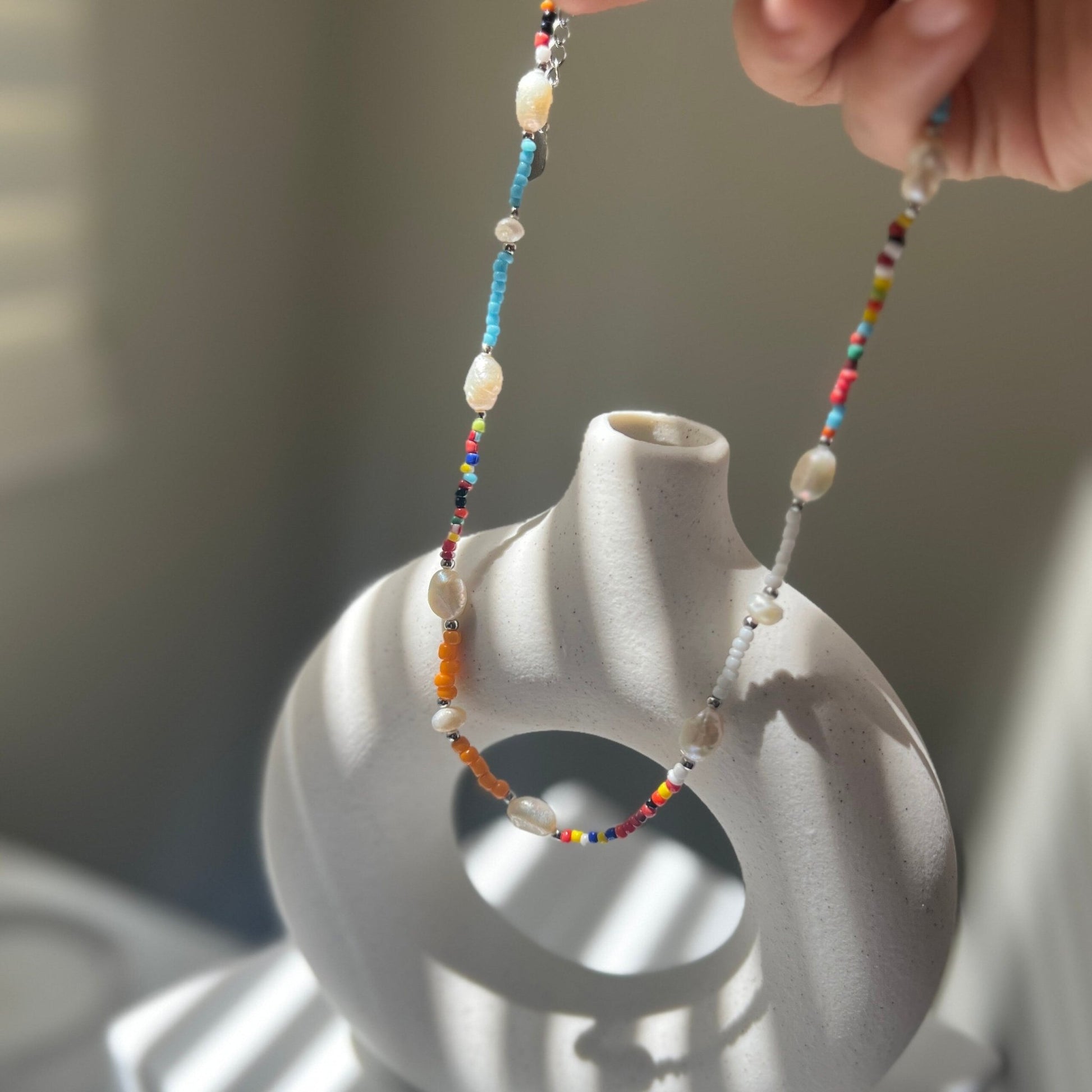 Natural Pearl Beaded Necklace, Colorful Necklace, Hippie Necklace, Pearl Rainbow Necklace, Freshwater Pearl Necklace, Summer Beaded Necklace
