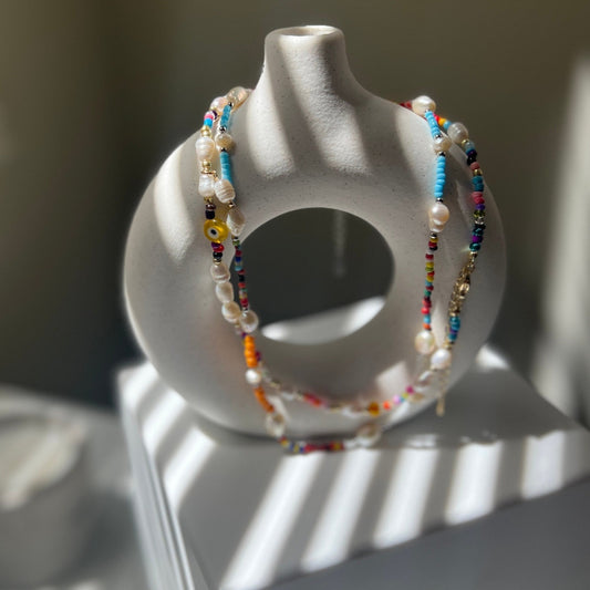 Natural Pearl Beaded Necklace, Colorful Necklace, Hippie Necklace, Pearl Rainbow Necklace, Freshwater Pearl Necklace, Summer Beaded Necklace