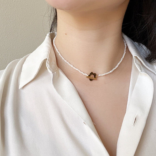 Natural White Freshwater Pearl  Bracelet/Necklace with 18k Gold Plated, Flower Toggle Clasp Small Size Pearls of Irregular pearls