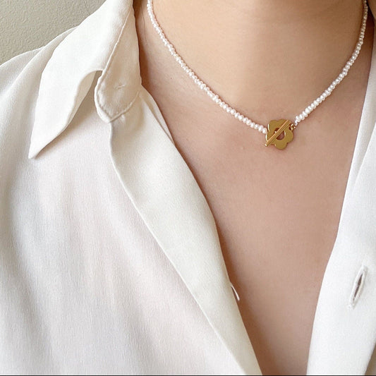 Natural White Freshwater Pearl  Bracelet/Necklace with 18k Gold Plated, Flower Toggle Clasp Small Size Pearls of Irregular pearls