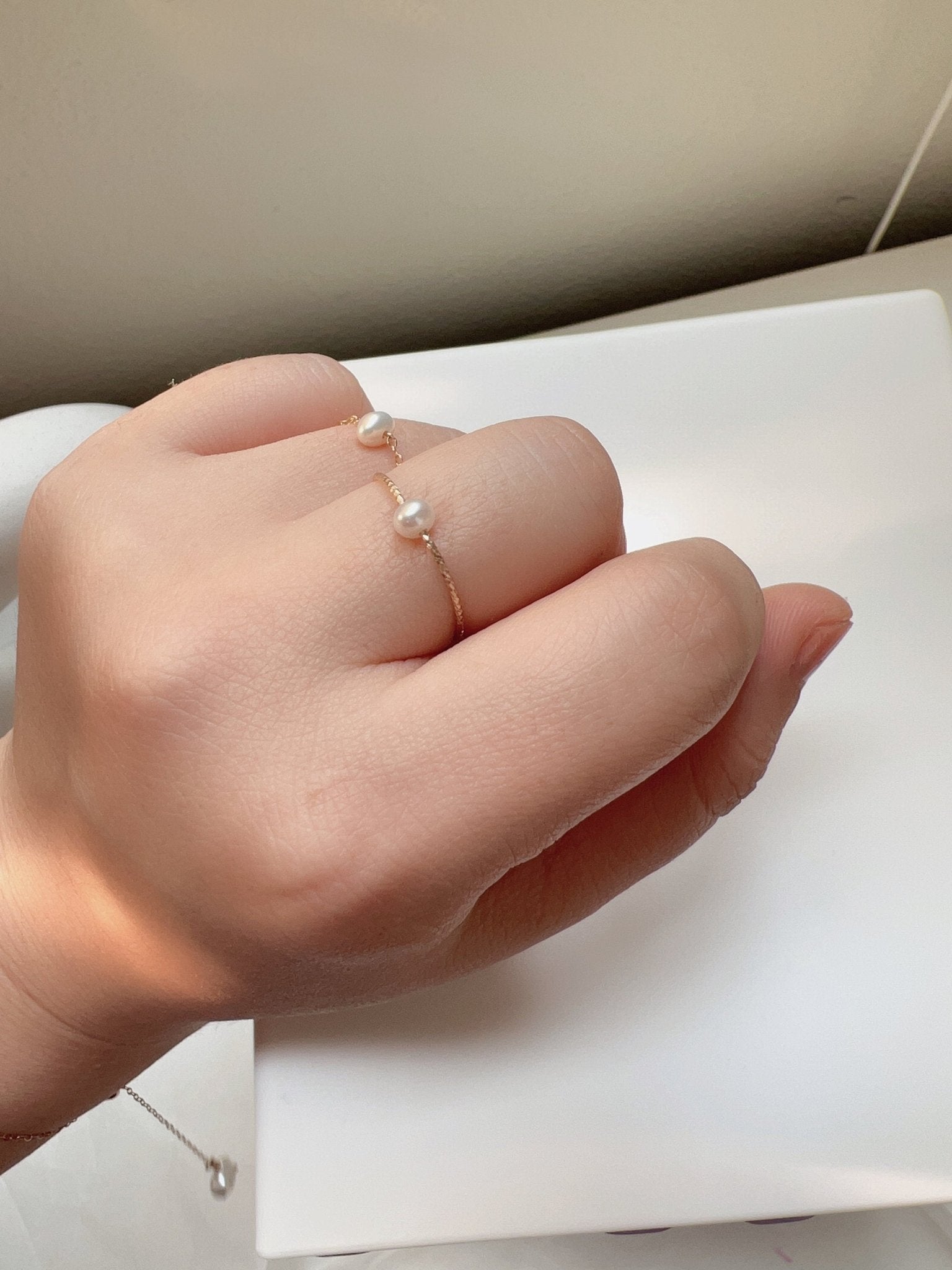 Freshwater Pearl Ring, Tiny Pearl Ring, Mini Pearl Chain Ring, S925 Sterling Silver Wire Ring, Gold Filled Chain Ring, Stackable Ring, G