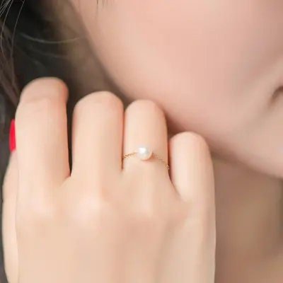 Tiny Pearl Chain Ring, 18K Gold Chain Ring, Dainty Pearl Ring, FreshWater Pearls Ring, Natural Pearl Chain Ring, Dainty Chain, Gift Ring
