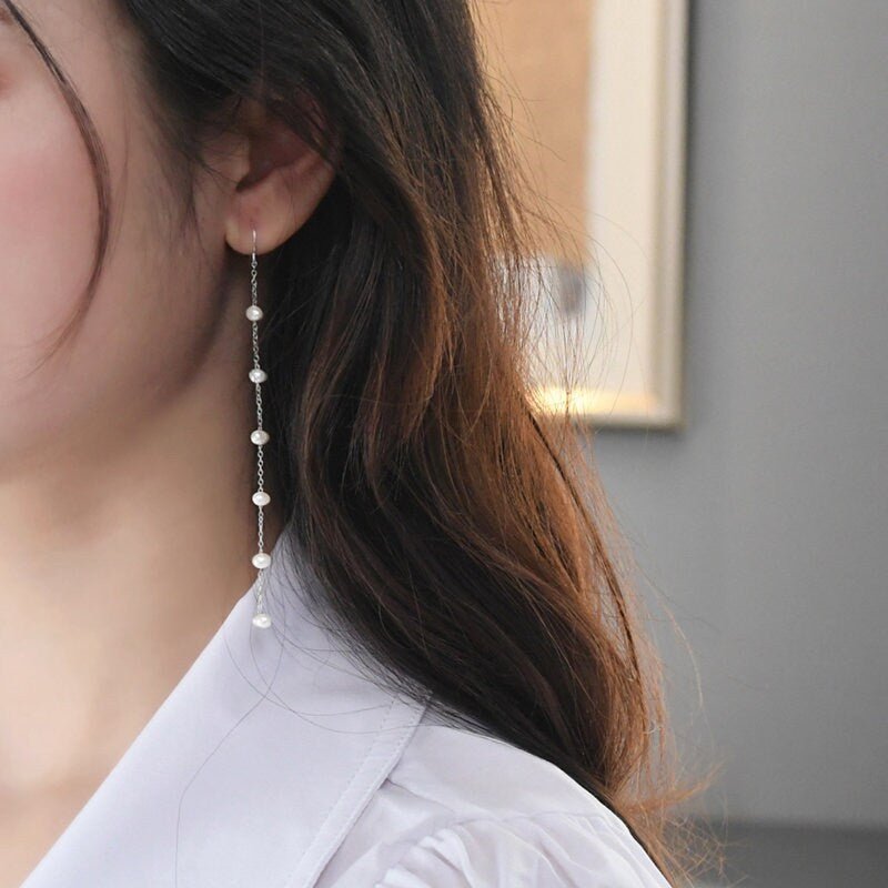 Pearl Tassel Earrings, Freshwater Pearl Earrings ,Natural Pearl Earrings, Long Silver Chain Earrings, Bridesmaid Wedding Earring, Pearl Gift