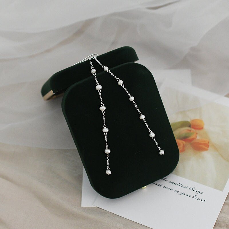 Pearl Tassel Earrings, Freshwater Pearl Earrings ,Natural Pearl Earrings, Long Silver Chain Earrings, Bridesmaid Wedding Earring, Pearl Gift