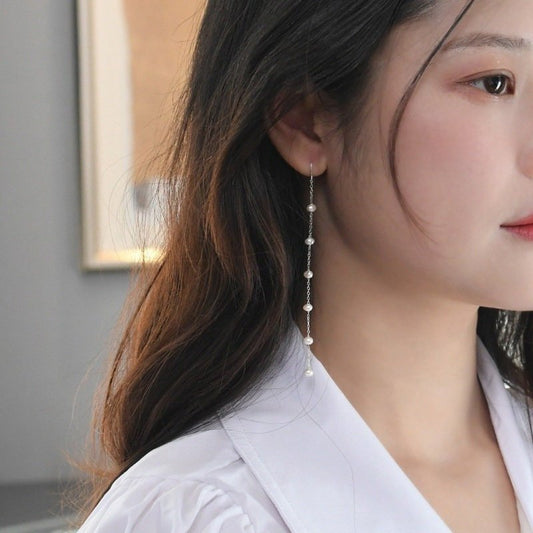 Pearl Tassel Earrings, Freshwater Pearl Earrings ,Natural Pearl Earrings, Long Silver Chain Earrings, Bridesmaid Wedding Earring, Pearl Gift