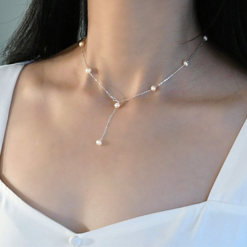 Freshwater Pearls Necklace, Wedding Pearl Necklace, S925 Sterling Silver Necklace, Y Lariat Pearl Necklace, Dainty Natural Pearl Necklace
