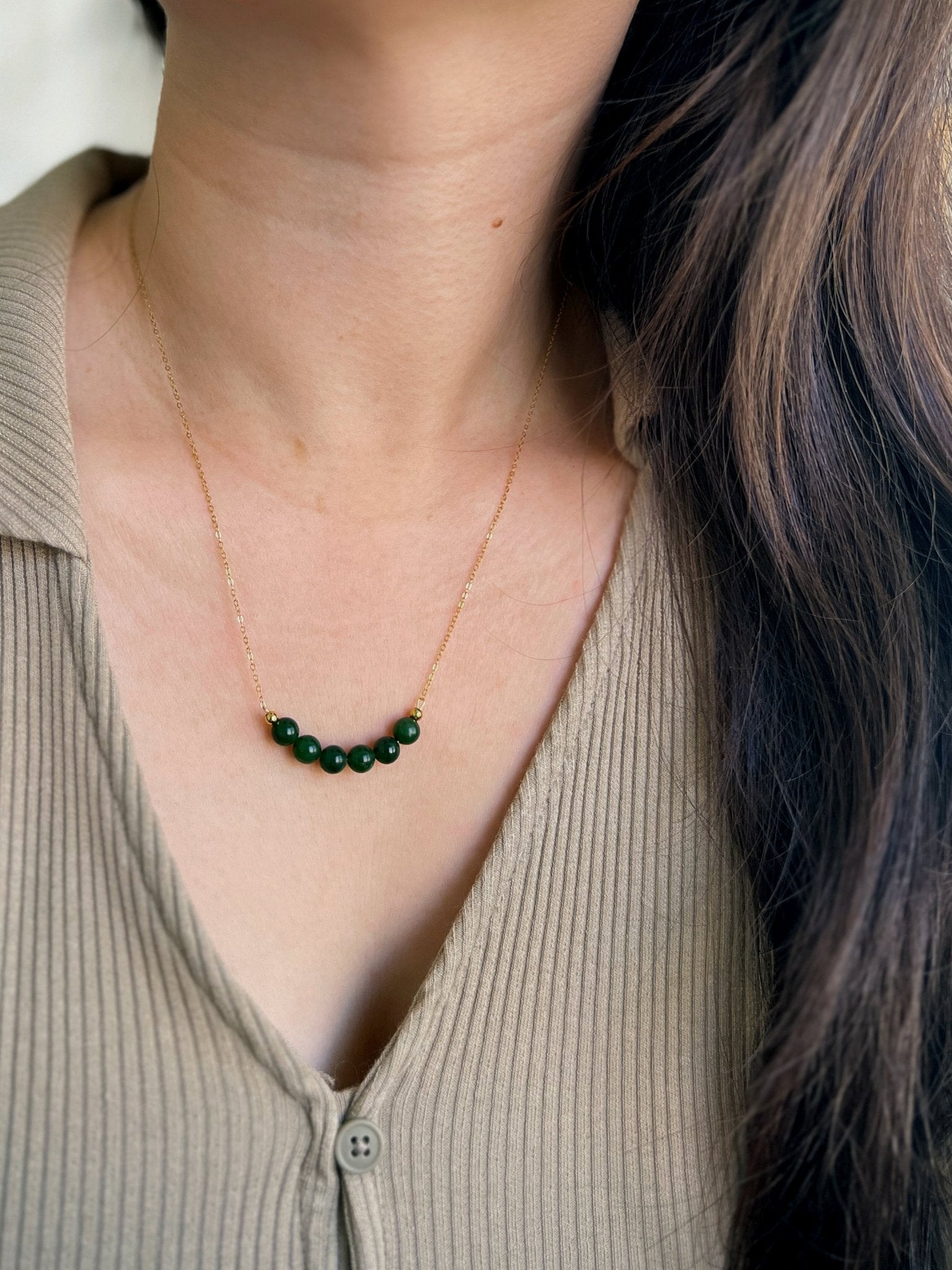 Genuine Hetian Jade Necklace, Jade Beads Bar Necklace, Dainty Jade Necklace, Green Nephrite Necklace, Delicate Necklace, Smile Necklace