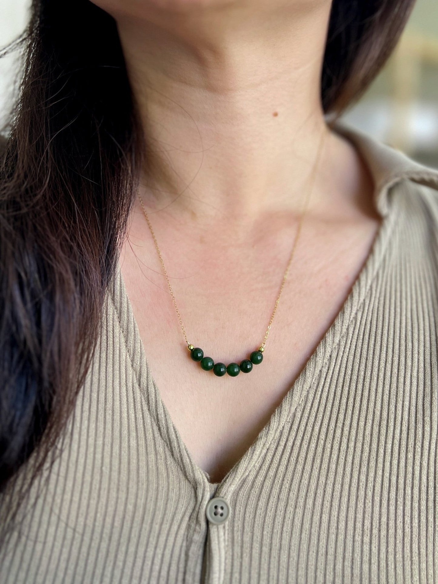 Genuine Hetian Jade Necklace, Jade Beads Bar Necklace, Dainty Jade Necklace, Green Nephrite Necklace, Delicate Necklace, Smile Necklace