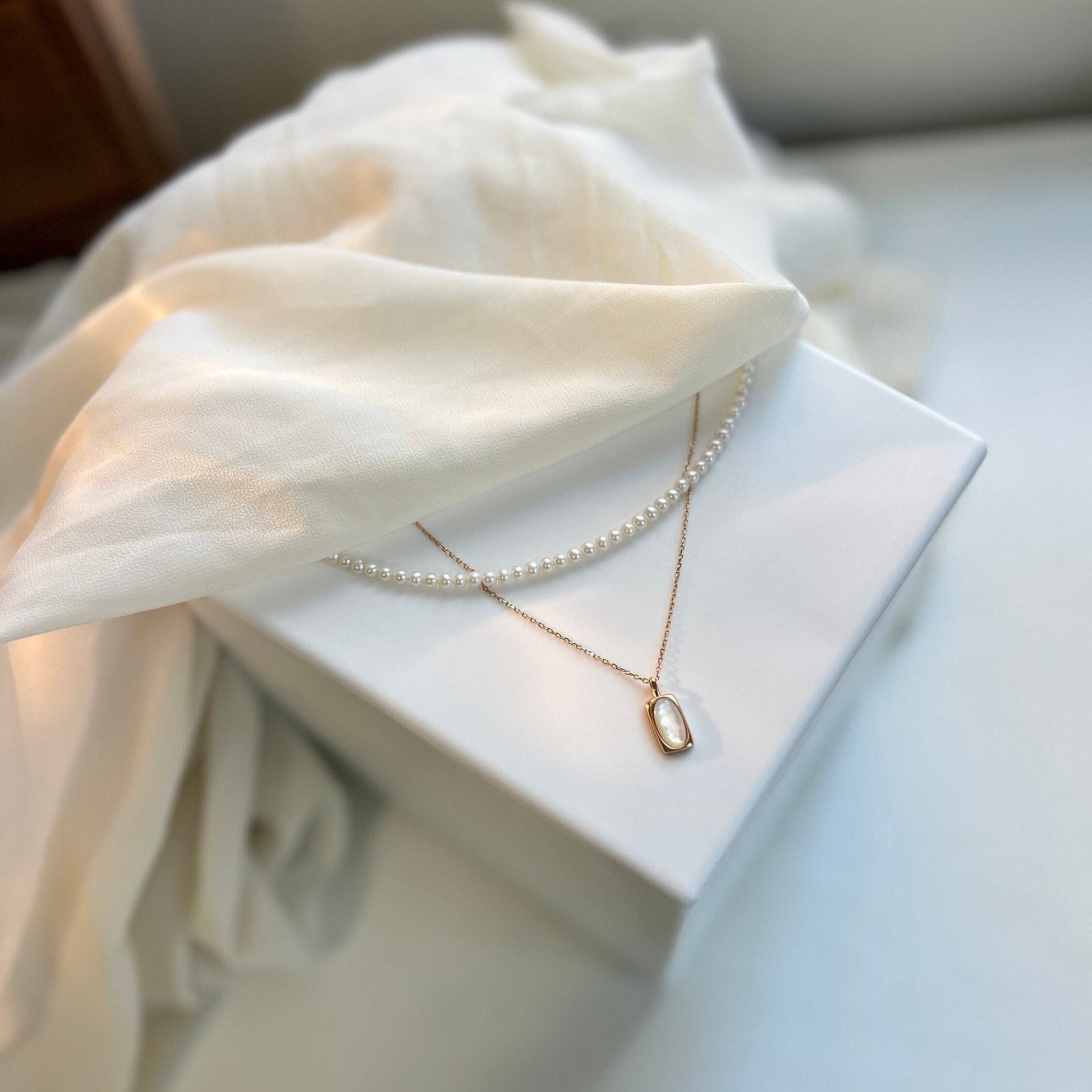 Tiny Pearl Necklace, Beaded Pearls Necklace, Dainty Pearl Necklace, Natural Shell Pendant Silver Necklace, Layered Necklace, Pearl Gift Set