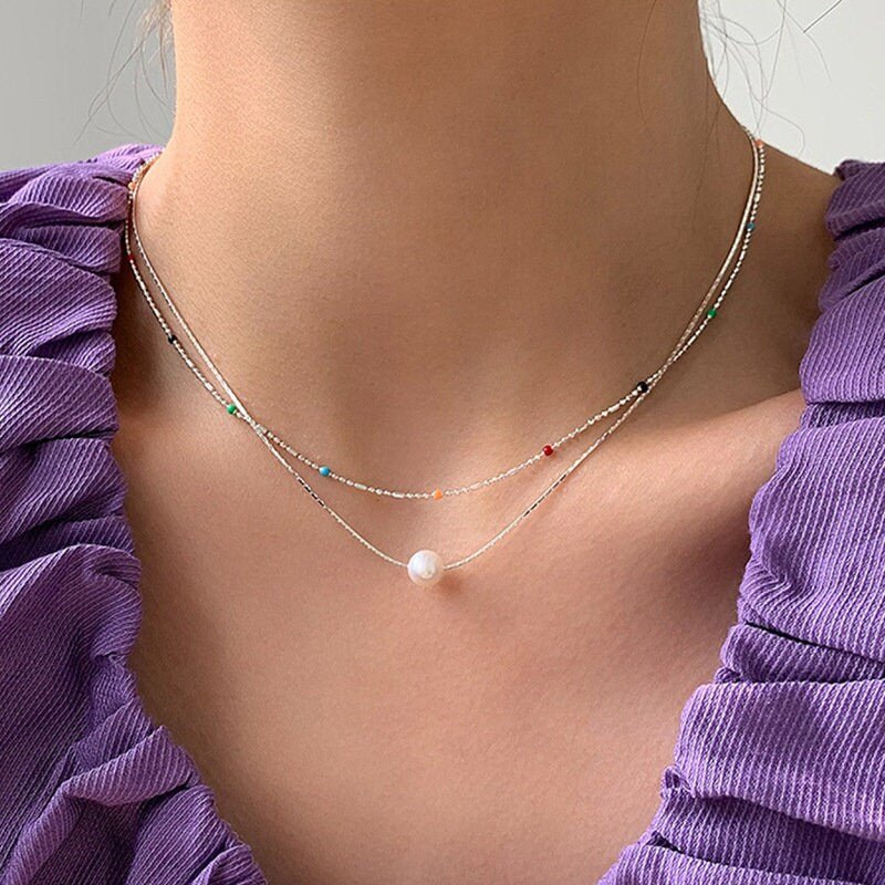 Silver Necklace with Colorful Beads, S925 Sterling Silver Necklace, Colorful Tiny Beads, Hippie Necklace, Dainty Necklace, Rainbow Necklace