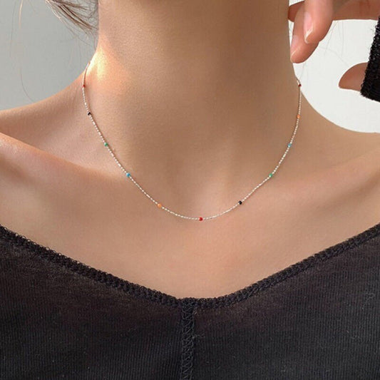 Silver Necklace with Colorful Beads, S925 Sterling Silver Necklace, Colorful Tiny Beads, Hippie Necklace, Dainty Necklace, Rainbow Necklace