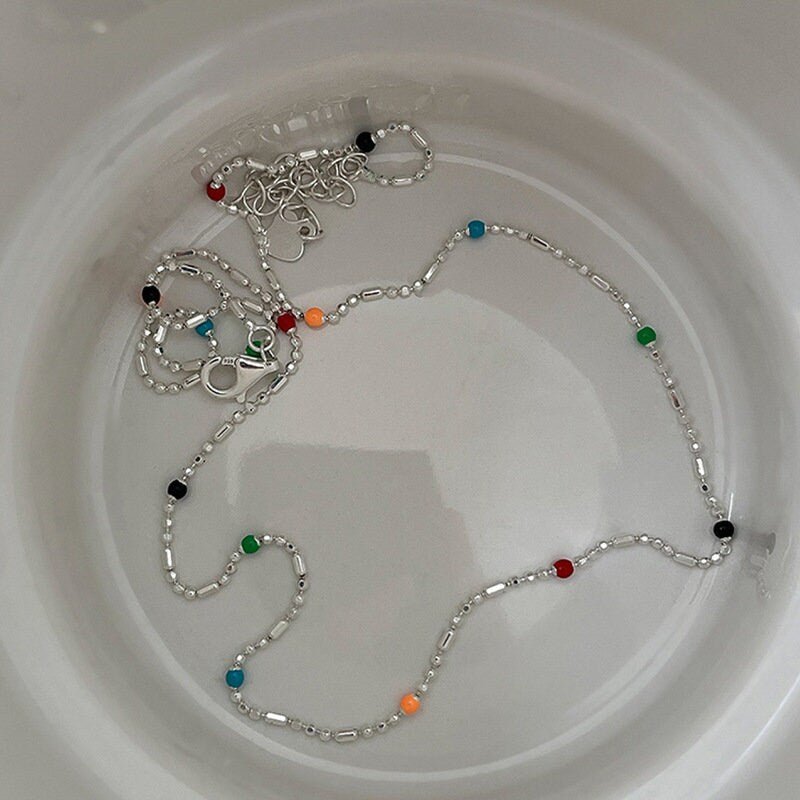 Silver Necklace with Colorful Beads, S925 Sterling Silver Necklace, Colorful Tiny Beads, Hippie Necklace, Dainty Necklace, Rainbow Necklace
