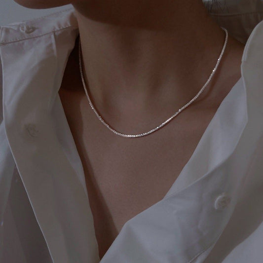 Sparkle Silver Necklace, S925 Sterling Silver Necklace, Dainty Necklace, Simple Chain Necklace, Layered Necklace, Glitter Minimal Necklace