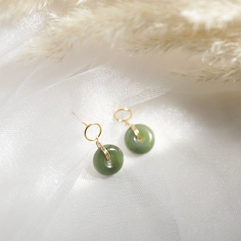 Natural Jade Earrings, Jade Donuts Earrings, Genuine Hetian Jade, Green Jade Drop Earrings, Jade Gold Earrings, Jade Donut Pendant Earrings