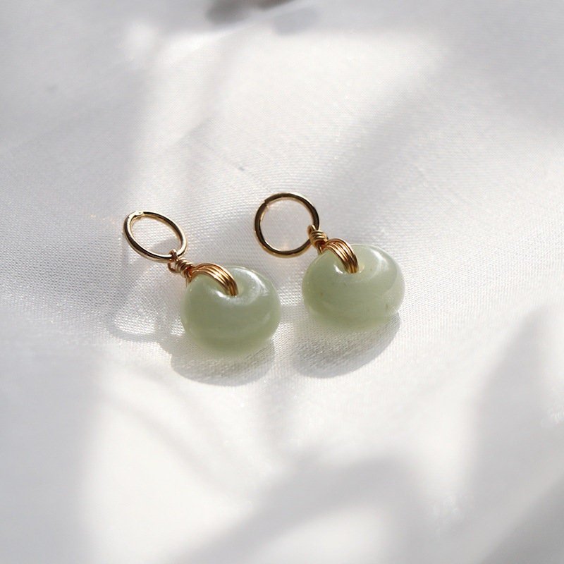 Natural Jade Earrings, Jade Donuts Earrings, Genuine Hetian Jade, Green Jade Drop Earrings, Jade Gold Earrings, Jade Donut Pendant Earrings