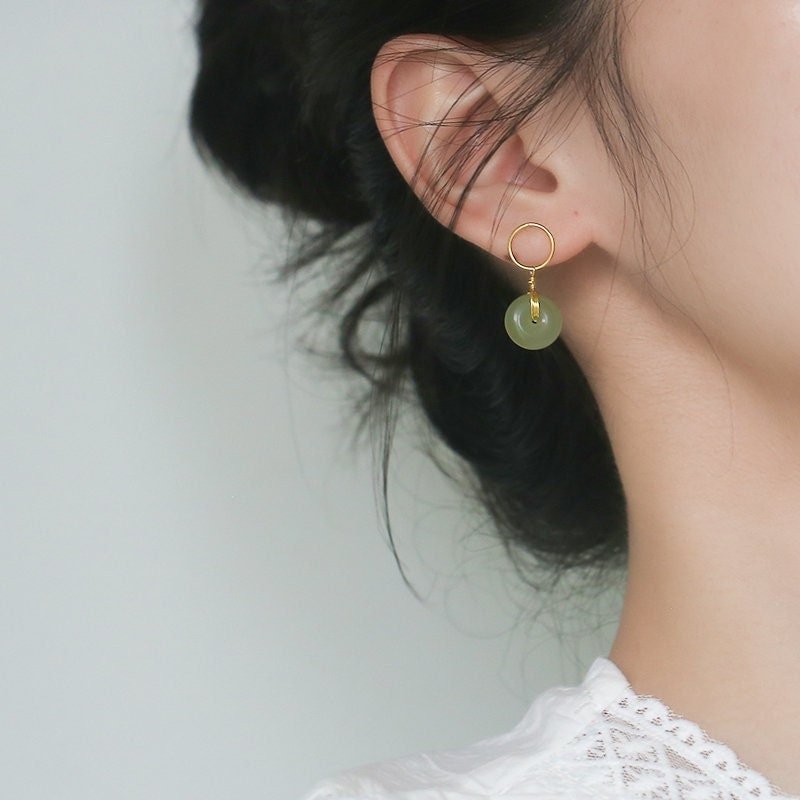 Natural Jade Earrings, Jade Donuts Earrings, Genuine Hetian Jade, Green Jade Drop Earrings, Jade Gold Earrings, Jade Donut Pendant Earrings