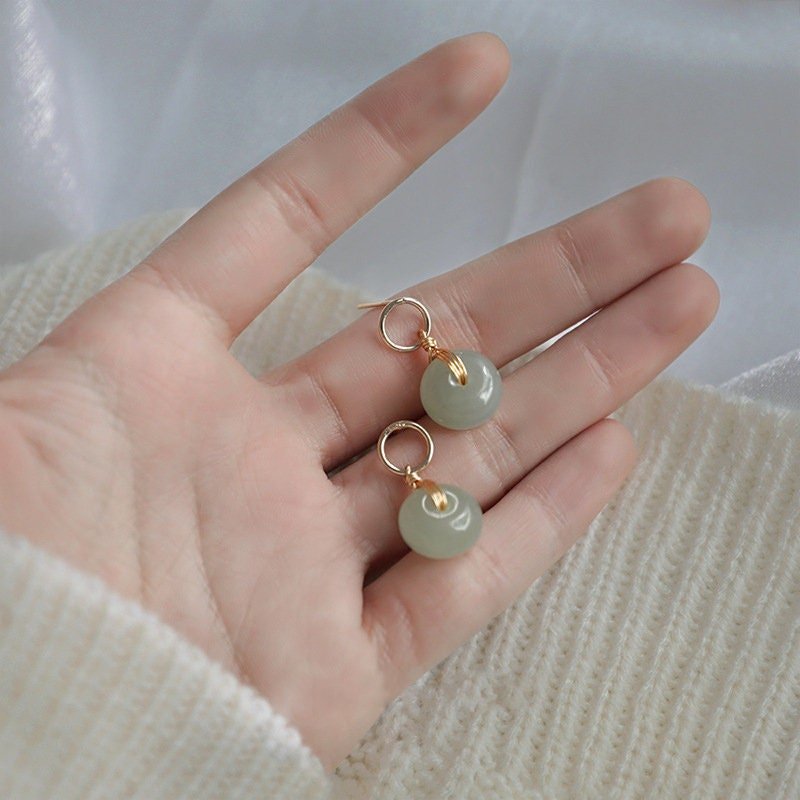 Natural Jade Earrings, Jade Donuts Earrings, Genuine Hetian Jade, Green Jade Drop Earrings, Jade Gold Earrings, Jade Donut Pendant Earrings
