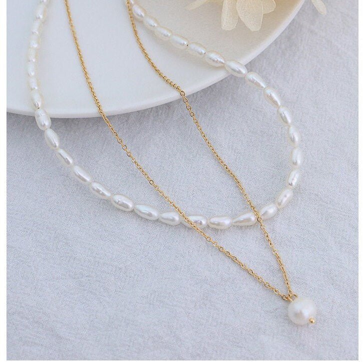 2 layers Natural Freshwater Pearl Necklace, Double Layered Pearl Choker Necklace, Rice Shape Pearl Beaded Necklace