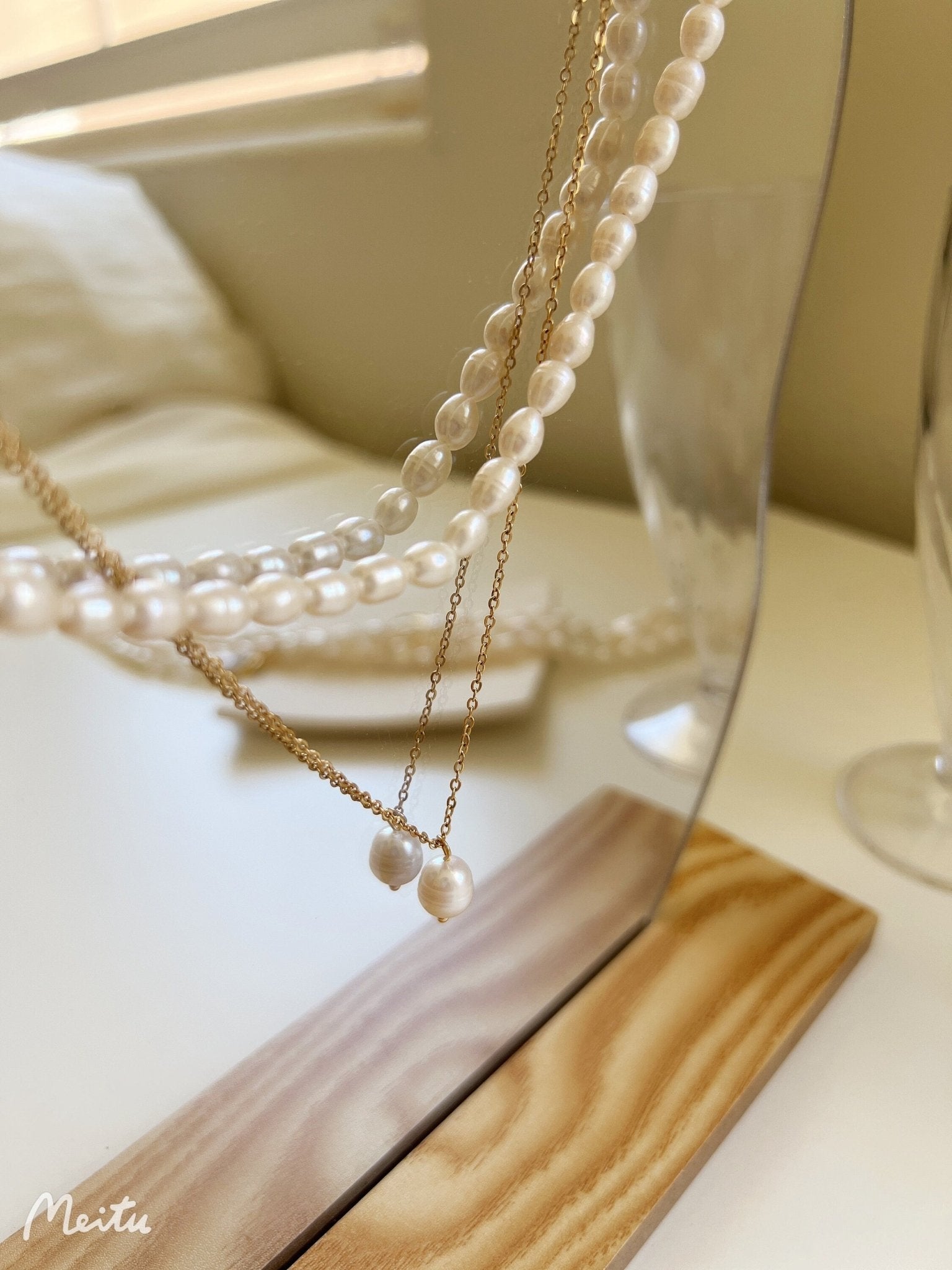 2 layers Natural Freshwater Pearl Necklace, Double Layered Pearl Choker Necklace, Rice Shape Pearl Beaded Necklace