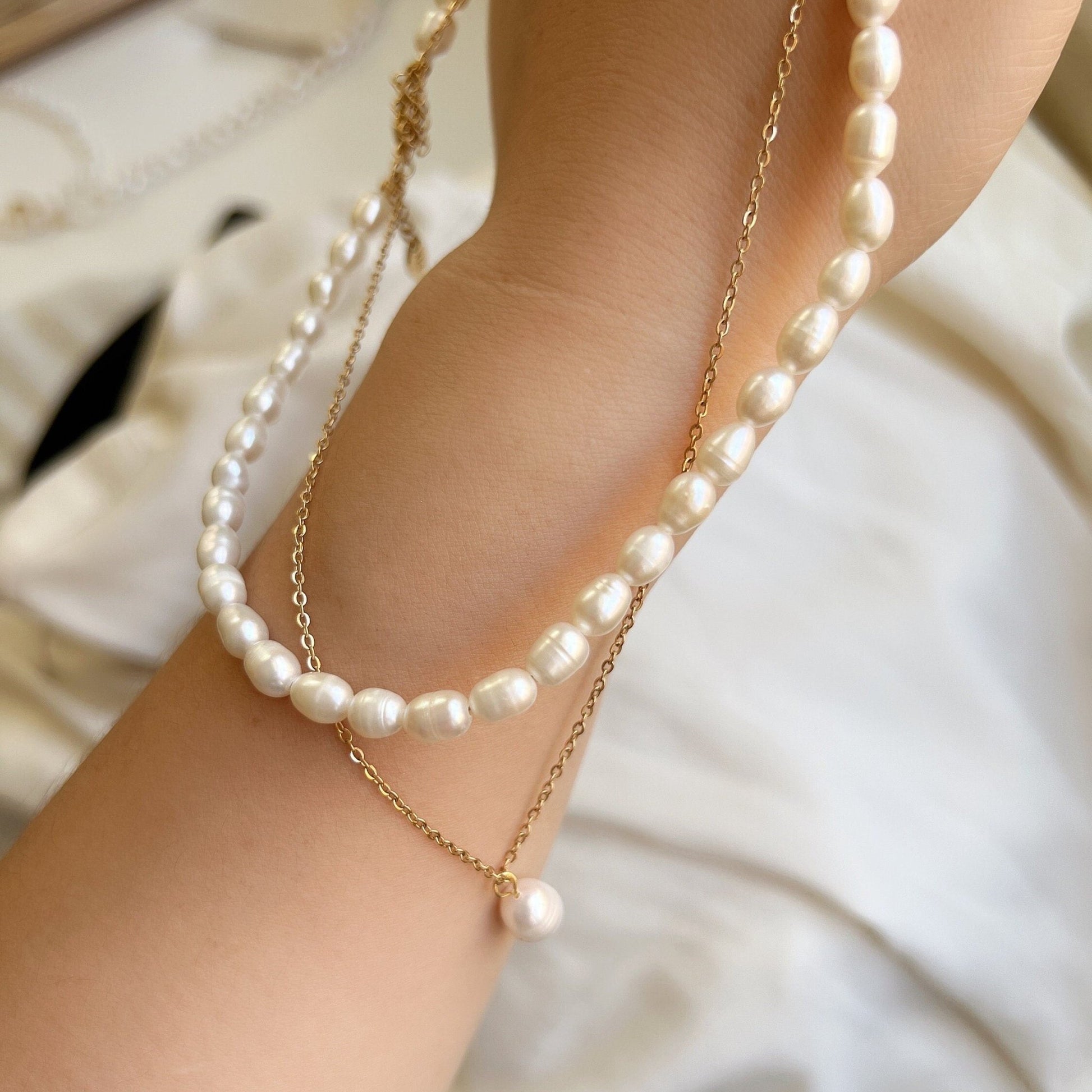 2 layers Natural Freshwater Pearl Necklace, Double Layered Pearl Choker Necklace, Rice Shape Pearl Beaded Necklace