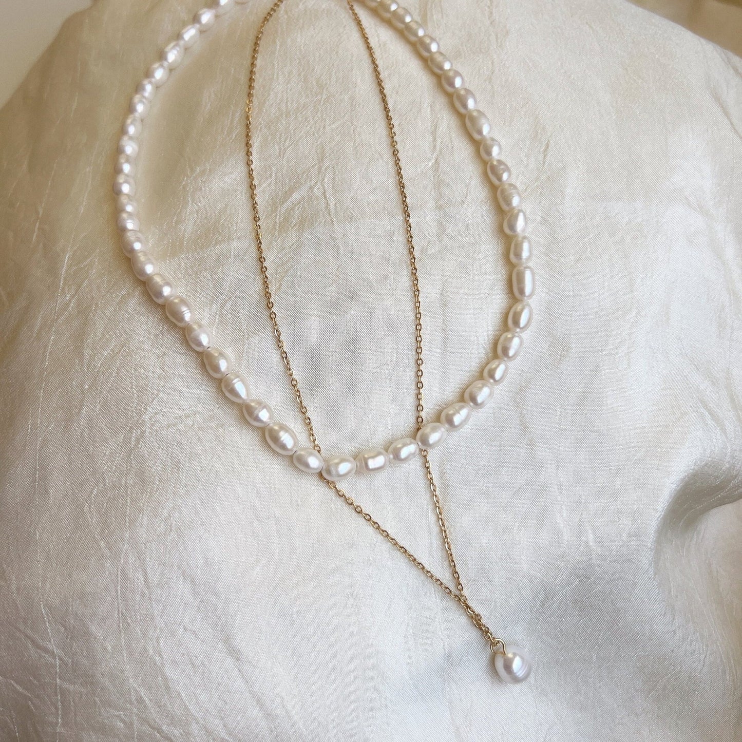 2 layers Natural Freshwater Pearl Necklace, Double Layered Pearl Choker Necklace, Rice Shape Pearl Beaded Necklace