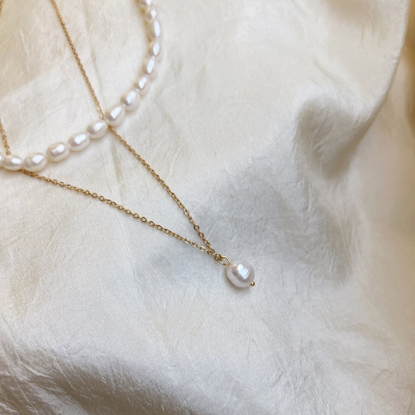 2 layers Natural Freshwater Pearl Necklace, Double Layered Pearl Choker Necklace, Rice Shape Pearl Beaded Necklace