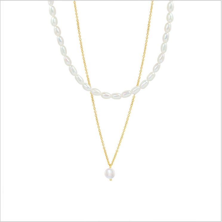 2 layers Natural Freshwater Pearl Necklace, Double Layered Pearl Choker Necklace, Rice Shape Pearl Beaded Necklace