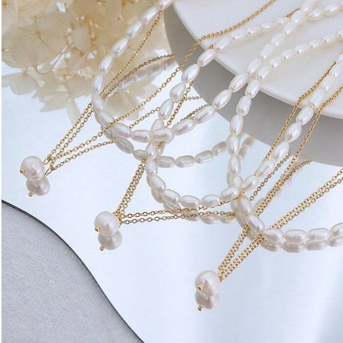 2 layers Natural Freshwater Pearl Necklace, Double Layered Pearl Choker Necklace, Rice Shape Pearl Beaded Necklace