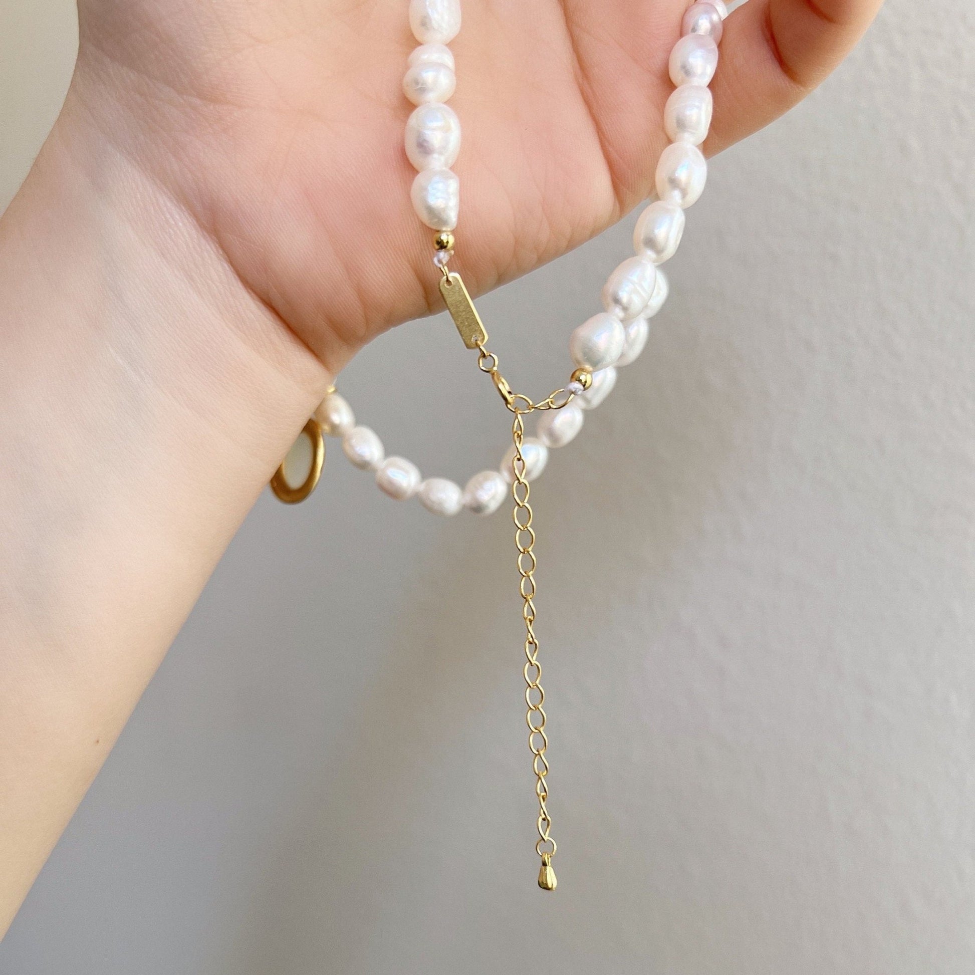 2 layers Natural Freshwater Pearl Necklace, Double Layered Pearl Choker Necklace, Rice Shape Pearl Beaded Necklace