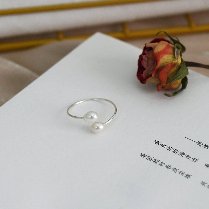 Double Pearls Open Ring with adjustable S925 Silver open Band - Shanali ...