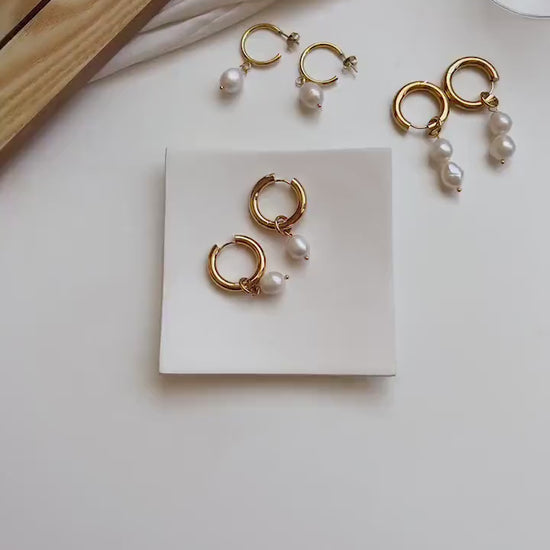 Natural Freshwater Pearl Earring, Gold Hoop Pearl Drop Earring, 1 or 2 Pearl Drop and Dangle Earrings, Gold Circle with 1 or 2 Pearls
