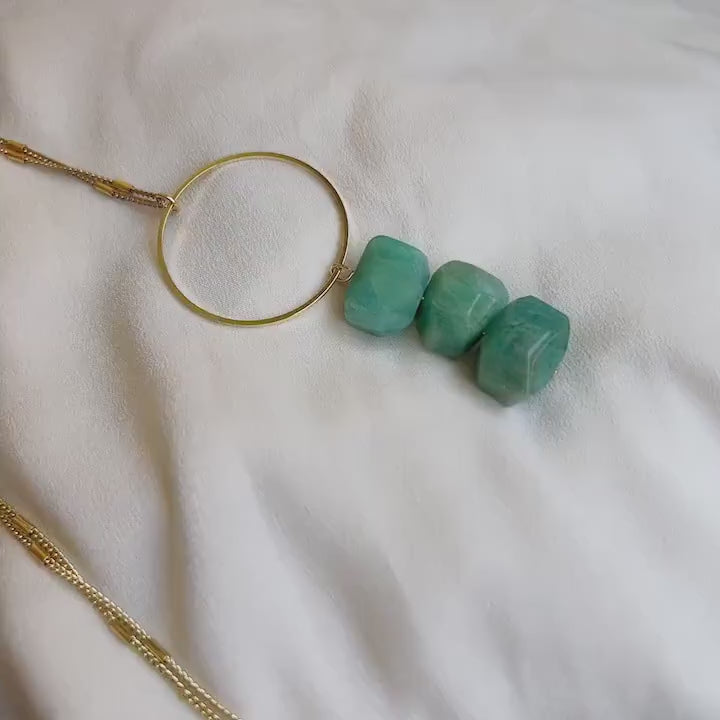 Faced Natural Amazonite Necklace, 3 Green Natural Stone with 1 big hoop Pendant Necklace,  Boho Style 32+2 Inch Long Chain Necklace