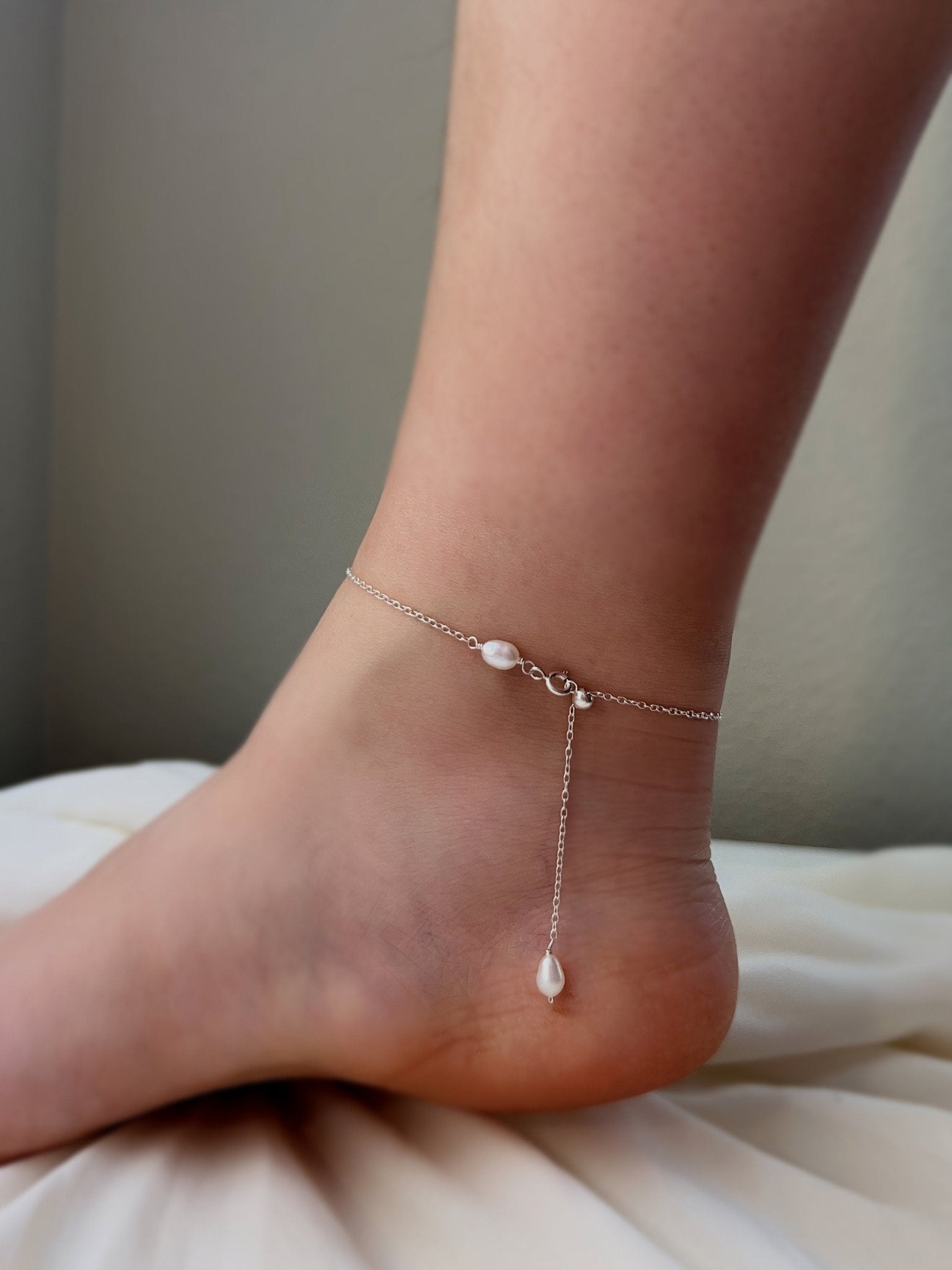 Natural Pearl Anklet, S925 Sterling Silver Anklet, Dainty Chain Anklets, Freshwater Pearl Anklet, Pearl Row Bar Anklet, Wedding Anklet