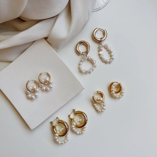 Natural Freshwater Pearl Earring, Gold Hoop Pearl hoop Earring, Irregular Pearl Beaded Gold Circle Earrings