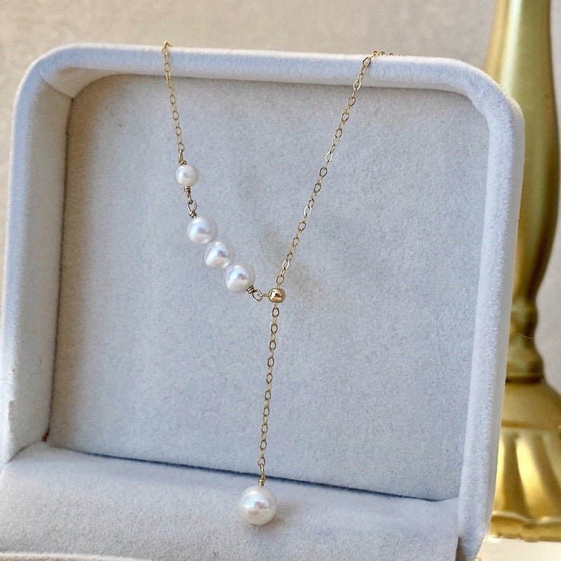 Freshwater Pearl Necklace, Gold Filled Necklace, Natural PearlNecklace, Pearl Y Necklace, Bridal Bridesmaids Necklace, Wedding Pearl Lariat