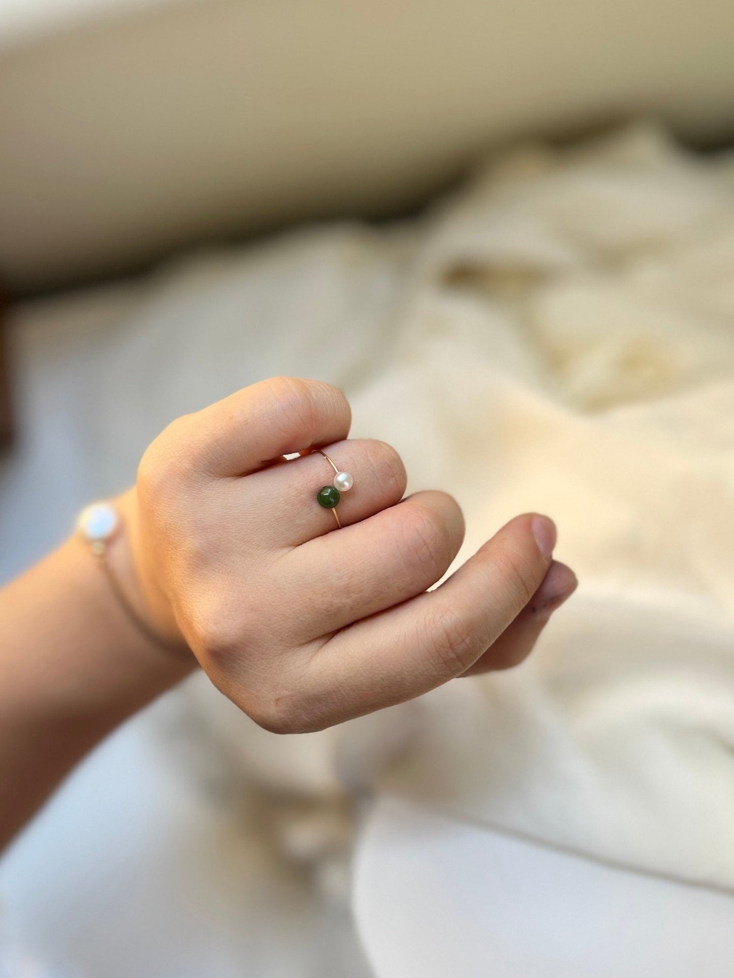 Genuine Hetian Jade Ring, Jade Pearl Ring, Multi Band Ring, Adjustable Ring, Natural Nephrite Ring, Stackable Ring, Multi Gemstone Ring