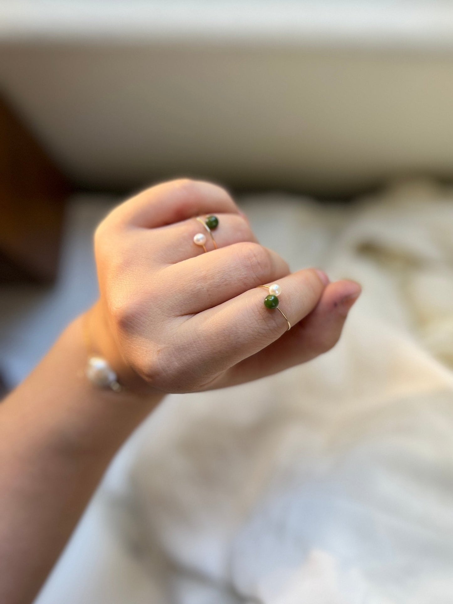 Genuine Hetian Jade Ring, Jade Pearl Ring, Multi Band Ring, Adjustable Ring, Natural Nephrite Ring, Stackable Ring, Multi Gemstone Ring