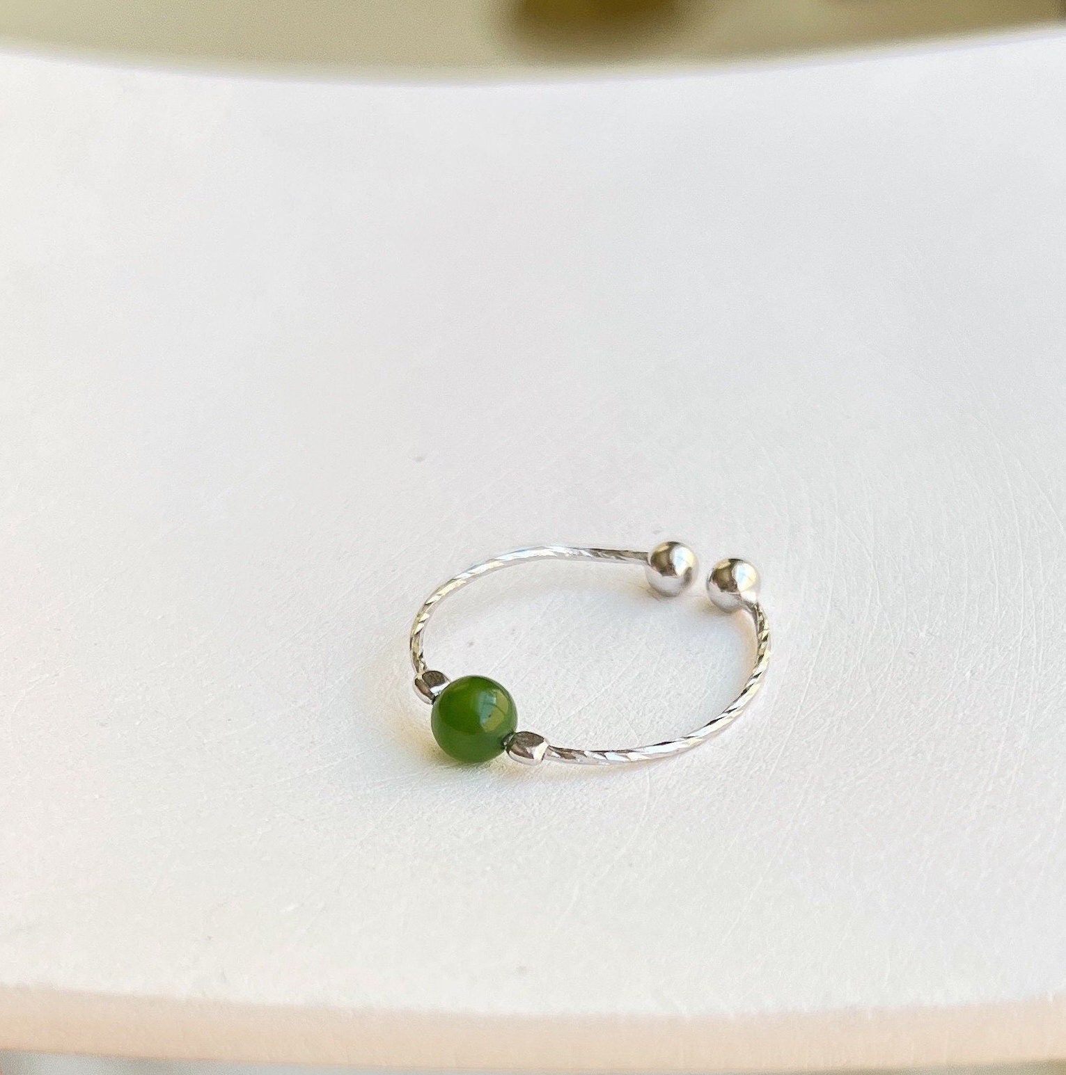 Genuine Hetian Jade Ring, Green Jade Ring, S925 Silver Ring, Adjustable Ring, Stackable Ring, Single Green Stone Ring, Green Nephrite Ring