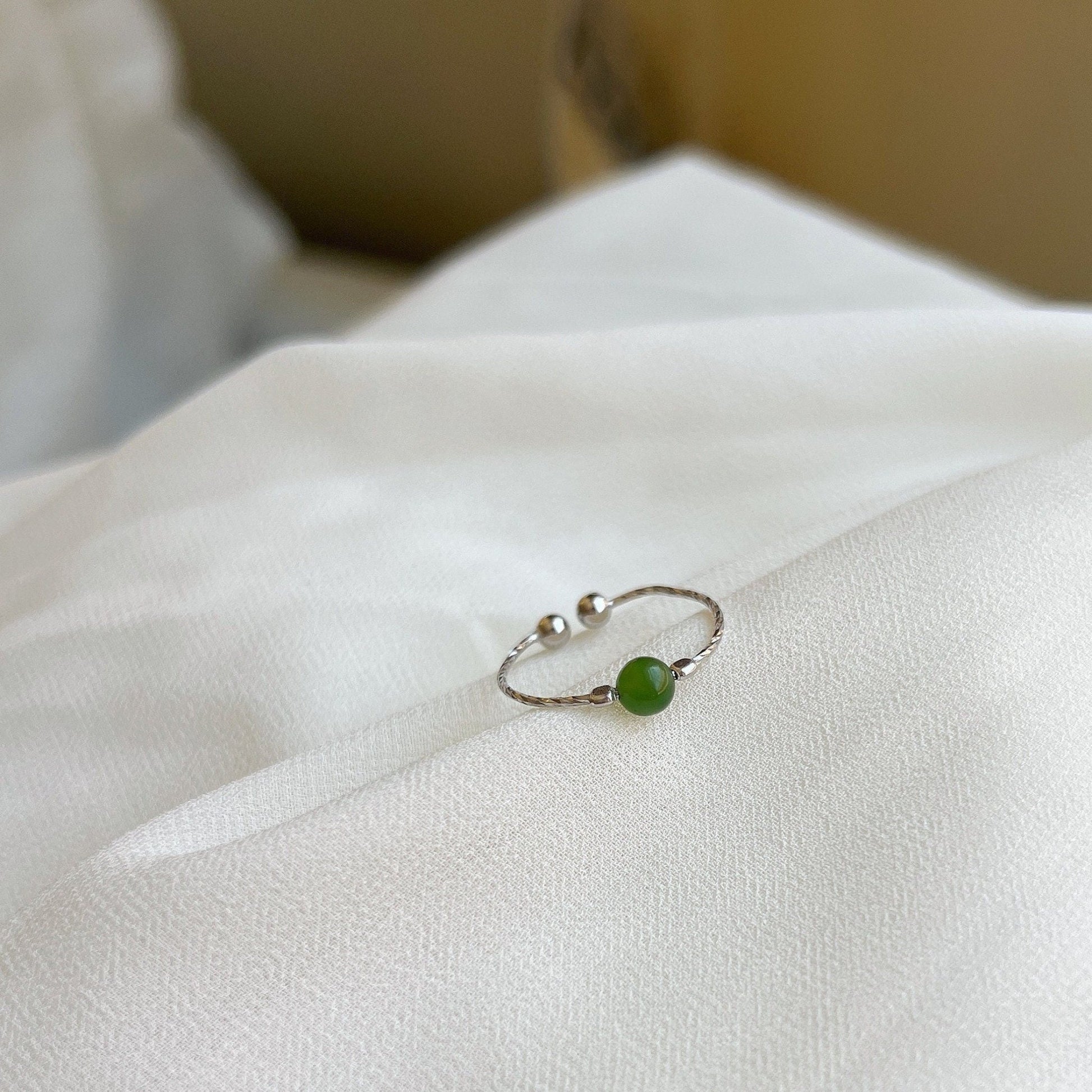 Genuine Hetian Jade Ring, Green Jade Ring, S925 Silver Ring, Adjustable Ring, Stackable Ring, Single Green Stone Ring, Green Nephrite Ring