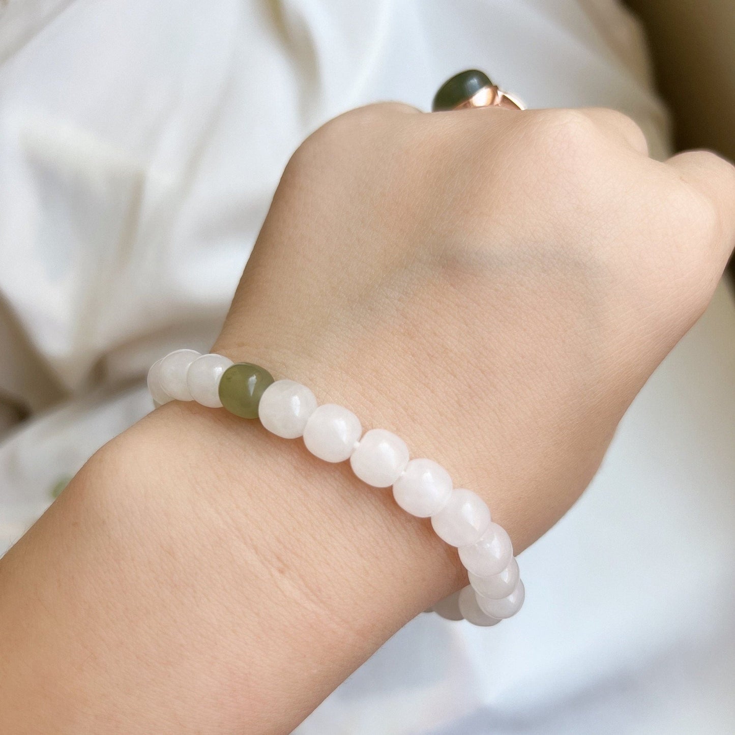 7*8mm 9*10mm Genuine White Nephrite Bracelets with one Green Jade Bead, Natural Hetian Jade Bead Bucket Elastic Bracelet with Stretch Thread