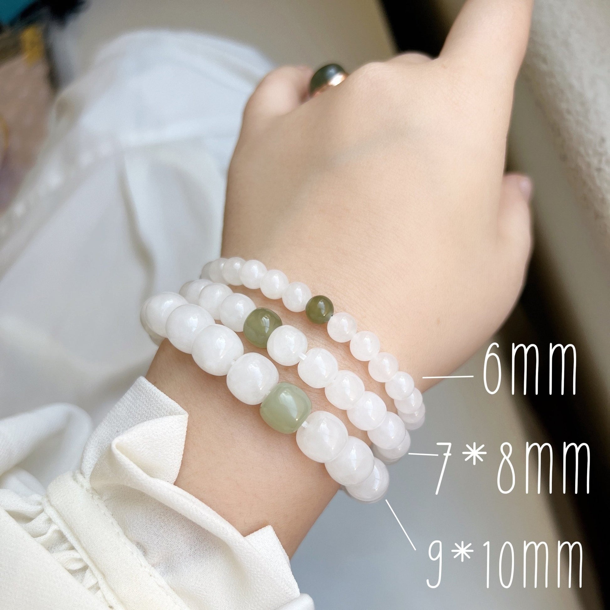 7*8mm 9*10mm Genuine White Nephrite Bracelets with one Green Jade Bead, Natural Hetian Jade Bead Bucket Elastic Bracelet with Stretch Thread
