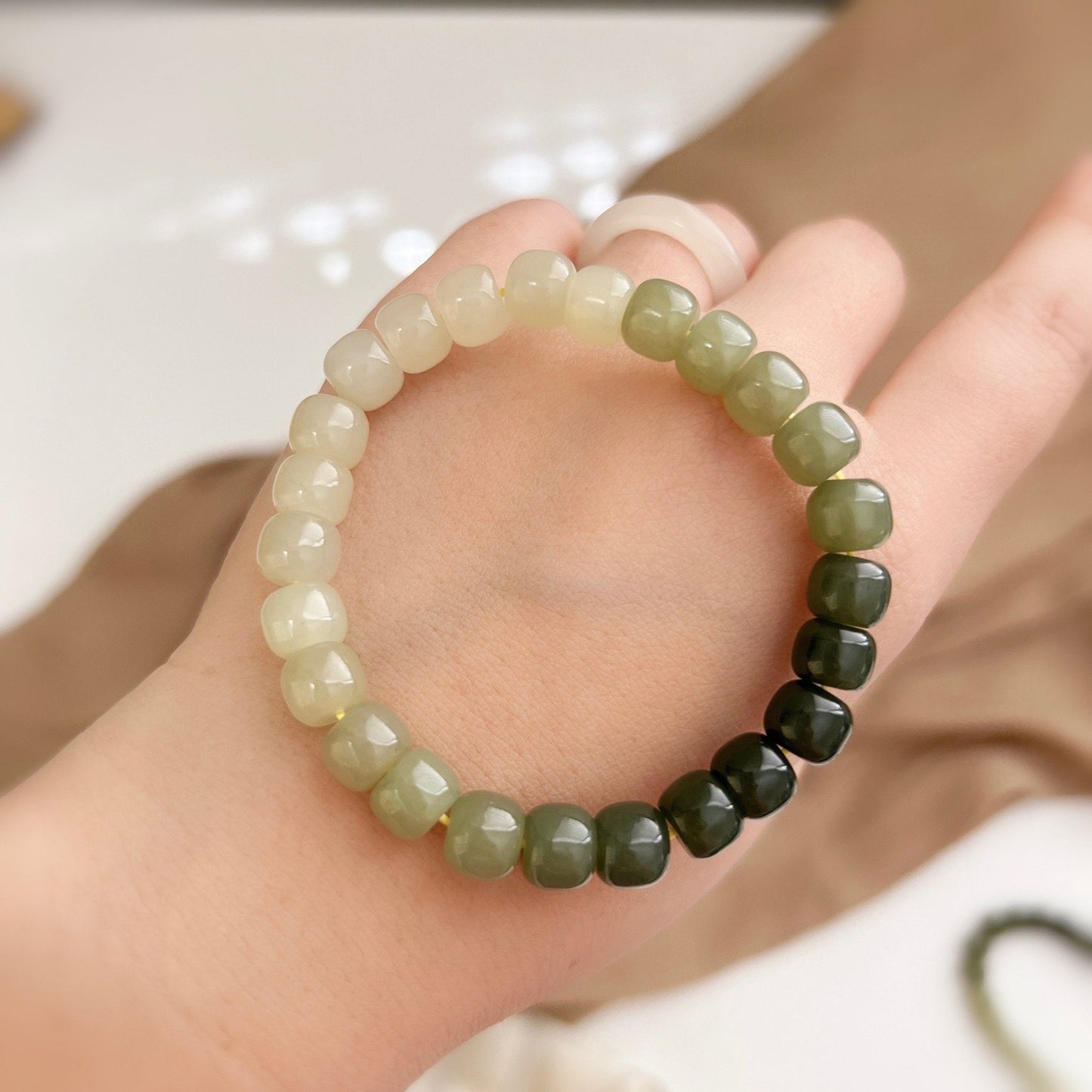 Natural Jade Bracelet, Gradient Beaded Bracelet, Natural Hetian Bracelet, 7*8 Genuine Nephrite BraceLet, Green Jade Bracelet